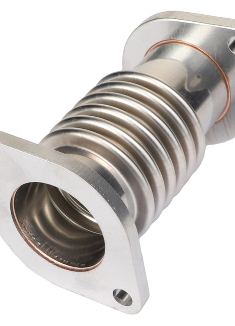 The AGCO | Exhaust Pipe - F530200090410 is a flexible metallic exhaust pipe featuring flanged ends and visible ridges, designed to accommodate thermal expansion and movement. Currently, there is no detailed product description available for this item.