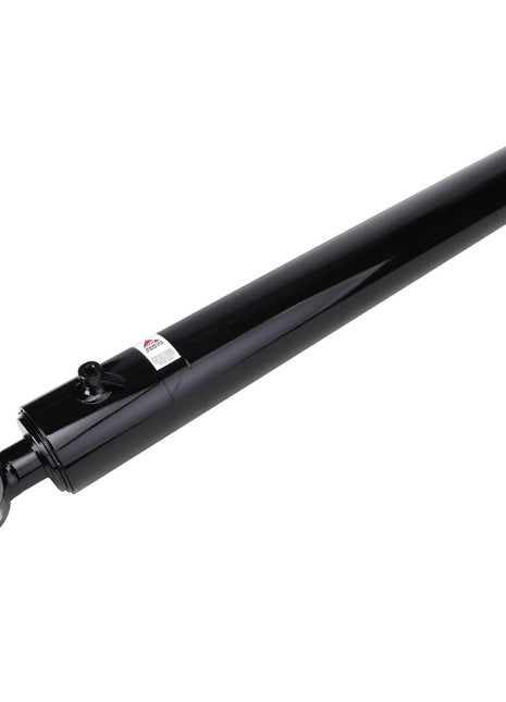 Image of the AGCO CYLINDER - AL12712510, a sleek black hydraulic cylinder with mounting points at both ends, set against a pristine white background.