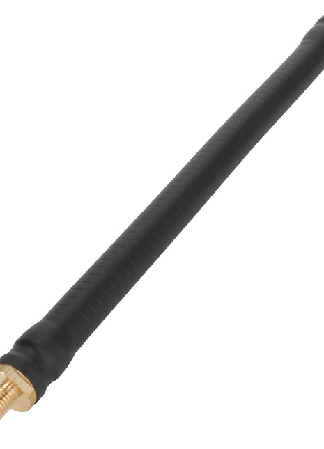 Introducing the AGCO | ADAPTER - AL5103057, a sleek black rubber-coated whip antenna featuring brass fittings on both ends, elegantly displayed against a pristine white background.