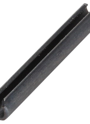 A single black metal roll pin with a cylindrical shape and a longitudinal split down the center, known as AGCO | Pin - La14164370 by AGCO. No current product description available.