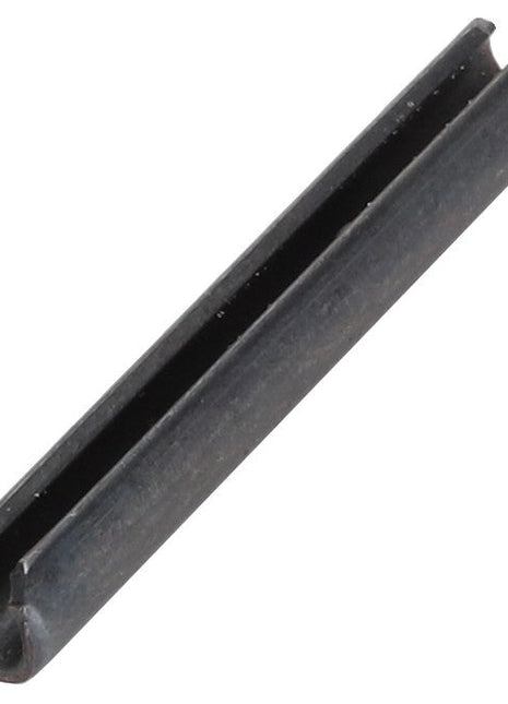 A single black metal roll pin with a cylindrical shape and a longitudinal split down the center, known as AGCO | Pin - La14164370 by AGCO. No current product description available.