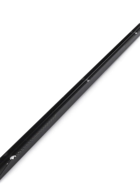 The AGCO | Chain Feeder Slat - D28285265, a long, black metal bar designed with small notches and holes for optimal performance, is showcased against a white background.