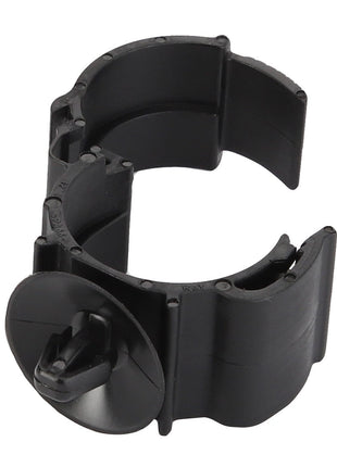 Introducing the AGCO Clip - Acw2005360: a sleek, black plastic clamp with a unique circular locking mechanism, specifically designed to securely hold cylindrical objects.