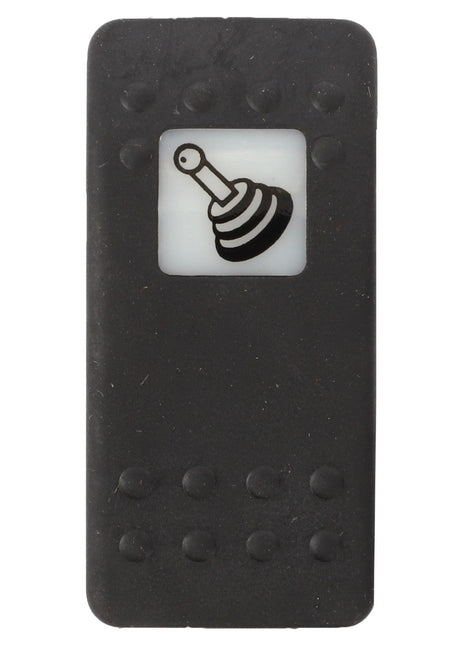 A black Lego tile piece showcasing a white square with a detailed printed image of an AGCO switch (D45050009) in monochrome.