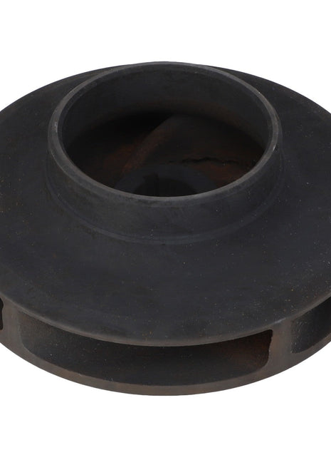 The AGCO | IMPELLER - AG703284 is a circular, black metal impeller with a central hole and multiple side openings, designed for maximum durability. This product is an ideal component for application equipment and forms part of the high-quality AGCO Genuine Parts line.