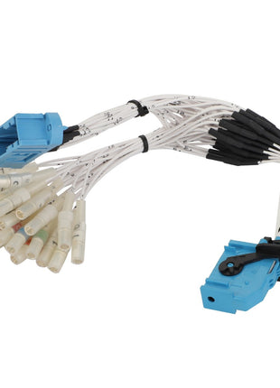 The AGCO Harness - Act0044200 features a bundle of white electrical wires with blue connectors at both ends, some wrapped in black sleeves. It's designed for connecting electronic components or systems and is readily available to meet your needs.