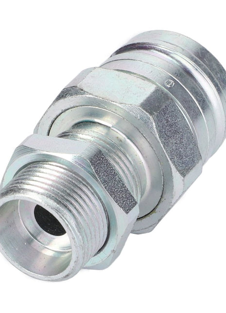 AGCO's Coupler Plug (X591900800000) is a metallic hexagonal threaded fitting featuring a cylindrical connector with multiple grooves. Commonly used in plumbing or mechanical applications, this fitting ensures compatibility and reliability for models such as the Fendt Farmer and Fendt Vario.