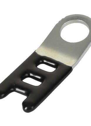 The AGCO LADDER CLIP - CH4P-7428 features an open circular connector on one end and two rectangular slots on the other, partially covered in black insulation. Product description information is currently unavailable for this item.