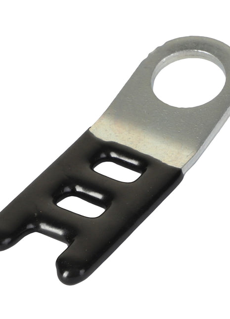 The AGCO LADDER CLIP - CH4P-7428 features an open circular connector on one end and two rectangular slots on the other, partially covered in black insulation. Product description information is currently unavailable for this item.