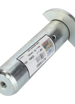 A metal cylinder with a flat, curved end, featuring a barcode and label with text, designed for AGCO front loaders. It is branded as AGCO and has the product name "PIN - AL1116933".