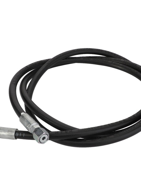 The AGCO | Hose - Acw0934440 is a black industrial hose with sturdy metal connectors at both ends.
