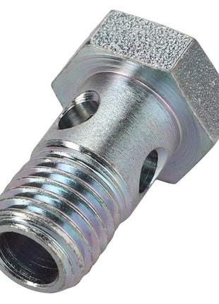 A detailed close-up image of the AGCO Banjo Bolt - Acw2388530 by AGCO, showcasing its hexagonal head and cylindrical threaded body with two holes drilled perpendicular to the threads. No current product description information is available.