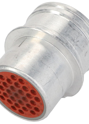 The AGCO Electrical Connector - D44901006 is a metal cylindrical connector featuring a red multi-pin configuration on one end, delivering reliable connections for industrial applications.