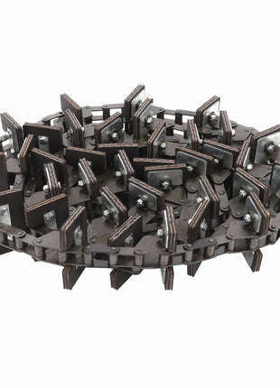 The AGCO | Chain - D28550375, produced by AGCO, features multiple sharp, angled metal plates and is likely a component of machinery that offers high fatigue strength and durability, ensuring efficient operation.