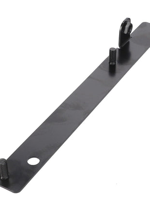 The AGCO | Support - Acw0487170 is a flat, rectangular metal bracket featuring two bolts and a protruding hook. It includes two circular holes, one at each end. There is no current product description information available for this item.