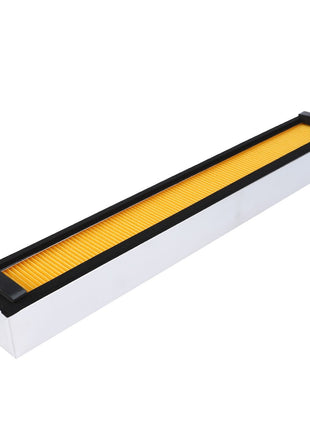 The AGCO Cab Filter Cartridge - V20539400 features a yellow pleated element encased in a white frame with black end caps, designed for optimum cabin air quality and effective contaminant prevention.