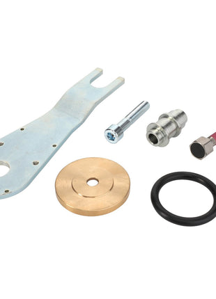 A set of metal hardware components, featuring the AGCO | Angle - Acp0295180, displayed alongside a flat wrench, round brass piece, screw, coupling, O-ring, and various small fittings on a white backdrop. Product description is currently unavailable.