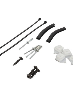 An assortment of small hardware items, featuring the AGCO | SLIDER - F930500030390 among screws, cable ties, spacers, and plastic components, is arranged on a white background. No additional product description information is available.