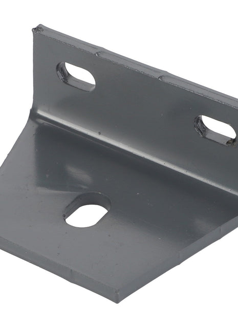 Close-up of the AGCO Bearing Carrier - D28480356, a gray metal bracket equipped with three mounting holes—two elongated at the top and one centered at the bottom—designed for mounting and structural support. No current product description information available.