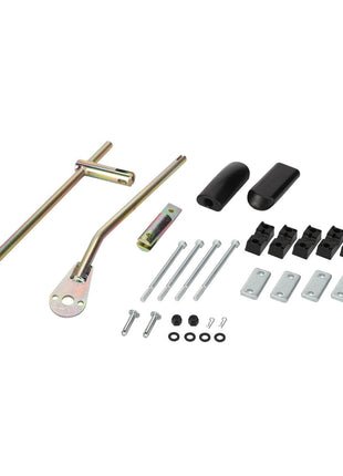 A meticulously arranged collection of AGCO metal hardware components, featuring rods, screws, bolts, nuts, brackets, and rubber caps from the Lever Kit - Acp0659740 range by AGCO, displayed on a pristine white background.