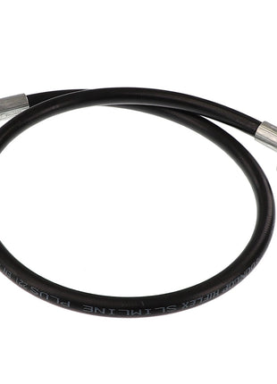 The AGCO HYDR. HOSE - AL1103431 is a black hydraulic hose featuring metal fittings on both ends; one end is straight while the other is angled. Unfortunately, there is no additional product information available at this time.