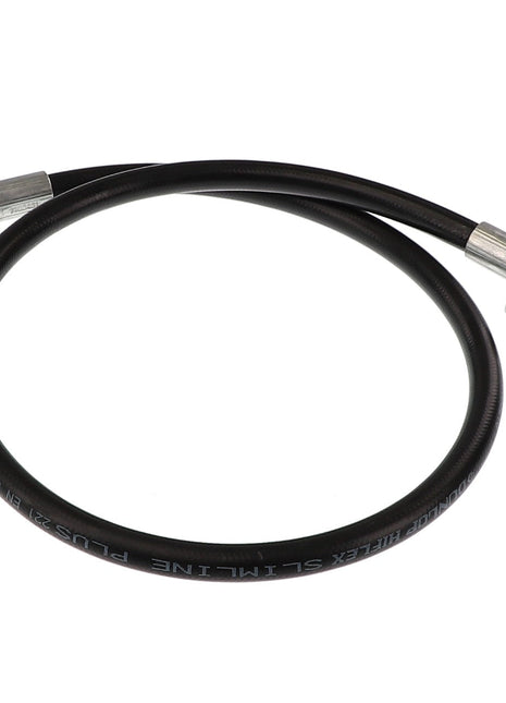 The AGCO HYDR. HOSE - AL1103431 is a black hydraulic hose featuring metal fittings on both ends; one end is straight while the other is angled. Unfortunately, there is no additional product information available at this time.