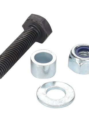 A KIT, SCREW - AL4500867 by AGCO, consisting of a hex bolt, a hex nut, a spacer, and a flat washer, is arranged on a white background. No current product description information is available.