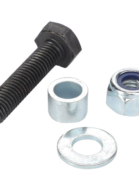 A KIT, SCREW - AL4500867 by AGCO, consisting of a hex bolt, a hex nut, a spacer, and a flat washer, is arranged on a white background. No current product description information is available.