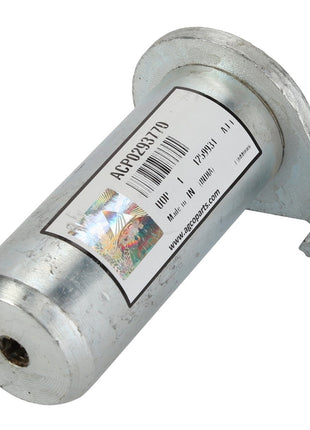 A metal cylindrical part branded "AGCO" with a label showing "ACP0293770" and a barcode. The component, known as AGCO | Pin - Acp0293770, is silver in color and features a flange with a mounting hole on one side, making it suitable for various industrial applications.