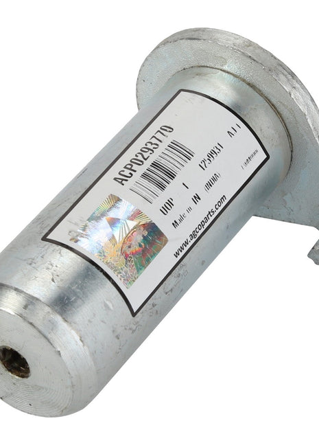A metal cylindrical part branded "AGCO" with a label showing "ACP0293770" and a barcode. The component, known as AGCO | Pin - Acp0293770, is silver in color and features a flange with a mounting hole on one side, making it suitable for various industrial applications.