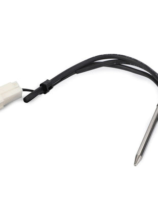 The AGCO Sensor, Temperature, Evaporator, Ac - F931812140360 features a white plastic connector and a black wire ending in a metallic sensor tip, and is compatible with Massey Ferguson models.