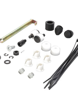 The AGCO | Wear Parts Set, Spring Assembly, Seats - F222502033250, featuring an assortment of hardware components including bolts, screws, washers, spacers, plastic caps, cable ties, and other small fittings arranged on a white background. No current product description available.