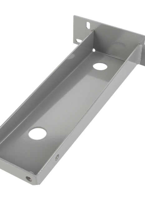 Introducing the AGCO | BRACKET - D28781157, a gray metal bracket with a rectangular frame that features three holes and four mounting points on the back plate. Please note that there is no current product description information available.