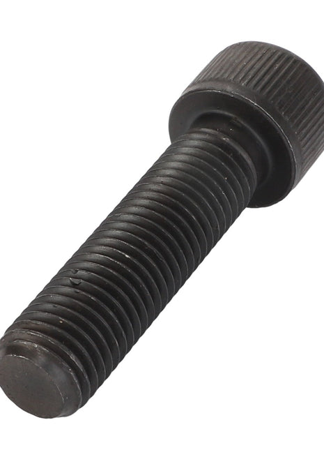 Close-up image of an AGCO Screw - Acp0360520, featuring a black, threaded bolt with a cylindrical head, lying on a pristine white background.