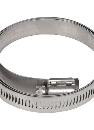 The AGCO | WORM HOSE CLAMP - AG523185 is a metal clamp coiled to form a circle, featuring a slotted band and a screw mechanism for tightening.