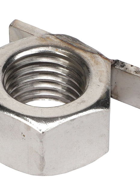A hex nut with an attached tab, known as the AGCO | HEX NUT - AG724347 by AGCO; no current product description information is available.