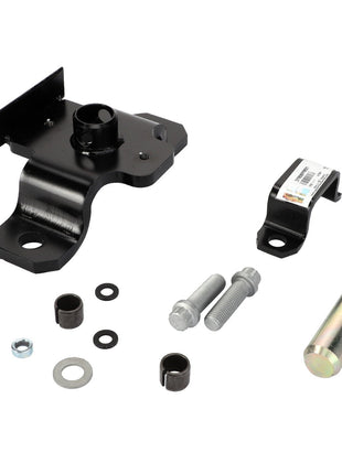 The AGCO Drawbar Bracket - Acp0633910, a set of high-quality, metallic automotive components including a black mounting bracket, two bolts, a cylindrical pin, washers, and other small connecting parts, is meticulously arranged on a pristine white background.