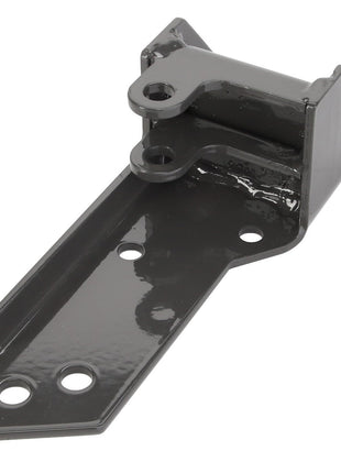 Introducing the AGCO | BRACKET - D46150518, a sleek black, metal bracket from AGCO. It features two holes on its flat end and a raised portion with two additional holes. Detailed product description for this item is currently unavailable.