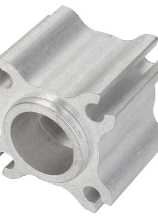 Introducing the AGCO Spacer - Acp0290910, a precisely machined metal component featuring a cylindrical hole at its center and four distinct protruding ridges along its outer edges. A top-quality product under the trusted brand name AGCO.