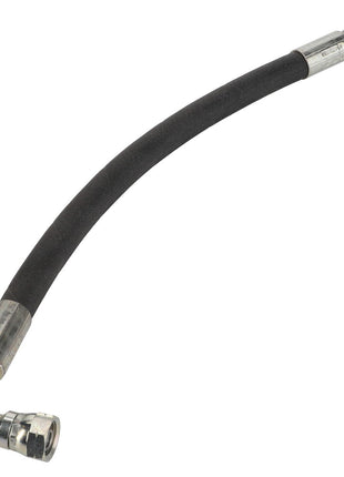 Description for AGCO | Hose - Acp0384540: This flexible hydraulic hose features metal fittings on both ends, with one end straight and the other curved. The hose itself is black with silver-colored connectors.