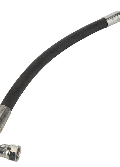 Description for AGCO | Hose - Acp0384540: This flexible hydraulic hose features metal fittings on both ends, with one end straight and the other curved. The hose itself is black with silver-colored connectors.