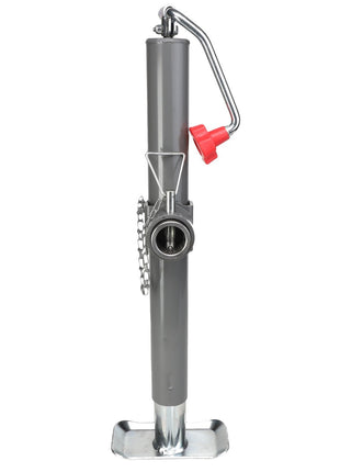 The AGCO | JACK - AG719630 by AGCO is a metallic trailer tongue jack equipped with a crank handle and red grip. It also features a chain on the side and a flat base for enhanced stability, making it ideal for use with pull-behind sprayers or spreaders.