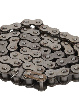 A coiled AGCO metal bike chain, product code D42326100, features interlinked segments and a master link for easy attachment and detachment. The absence of current product description information adds to the mystery of its efficient design.