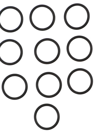 Ten black rubber O-rings are arranged in a triangular pattern on a white background. These O-rings are part of the AGCO | O-RING KIT - AL4500385 by AGCO.
