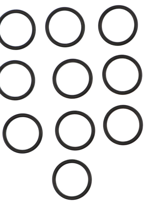 Ten black rubber O-rings are arranged in a triangular pattern on a white background. These O-rings are part of the AGCO | O-RING KIT - AL4500385 by AGCO.
