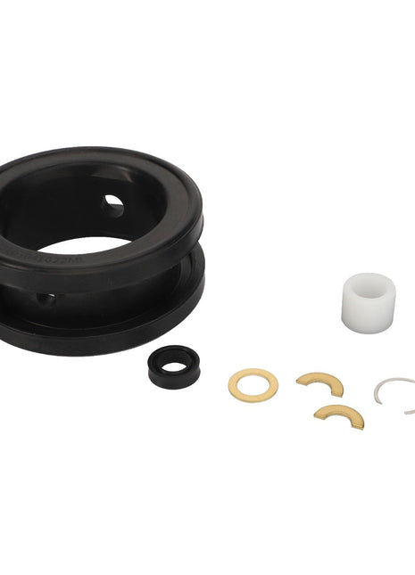 The AGCO | REPAIR KIT - AG717132, by AGCO, neatly arranged on a white background, includes a large black ring, a smaller black ring, a plastic cylinder, a metal clip, and various washers.