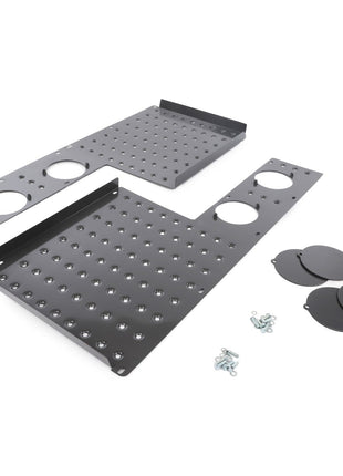 Image shows a set of black metal plates with perforations and circular openings, accompanied by several round covers and screws. The product featured is the AGCO Fuel Tank Cover - C1173029 from the brand AGCO. No current product description information is available at the moment.