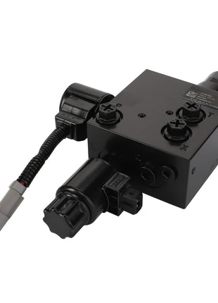 The AGCO | Valve - Acx283788A is a black hydraulic valve block with multiple ports and intricately attached wiring.