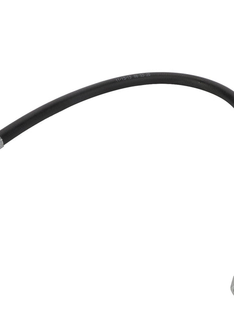 The AGCO | HYDRAULIC HOSE - D45130074 by AGCO is a black, flexible hose equipped with metal fittings on both ends, designed primarily for fluid transfer or hydraulic applications. Specific product description details are currently unavailable.