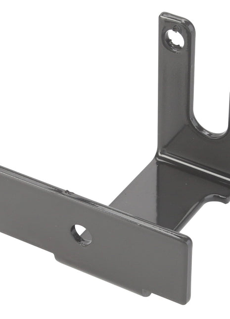 Introducing the AGCO | Bracket - Acw1127870 by AGCO, a black metal bracket featuring two vertical sections: one with a hole at the top and another resembling a hook, ideal for mounting or support tasks.